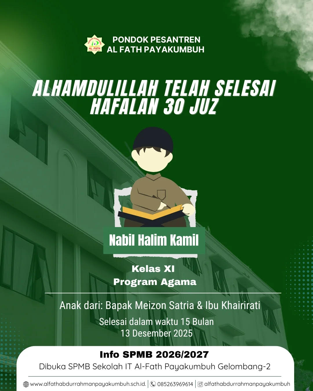 Penyelesaian Hafalan Al-Qur’an 30 Juz Santri Program Agama Al-Fath Payakumbuh