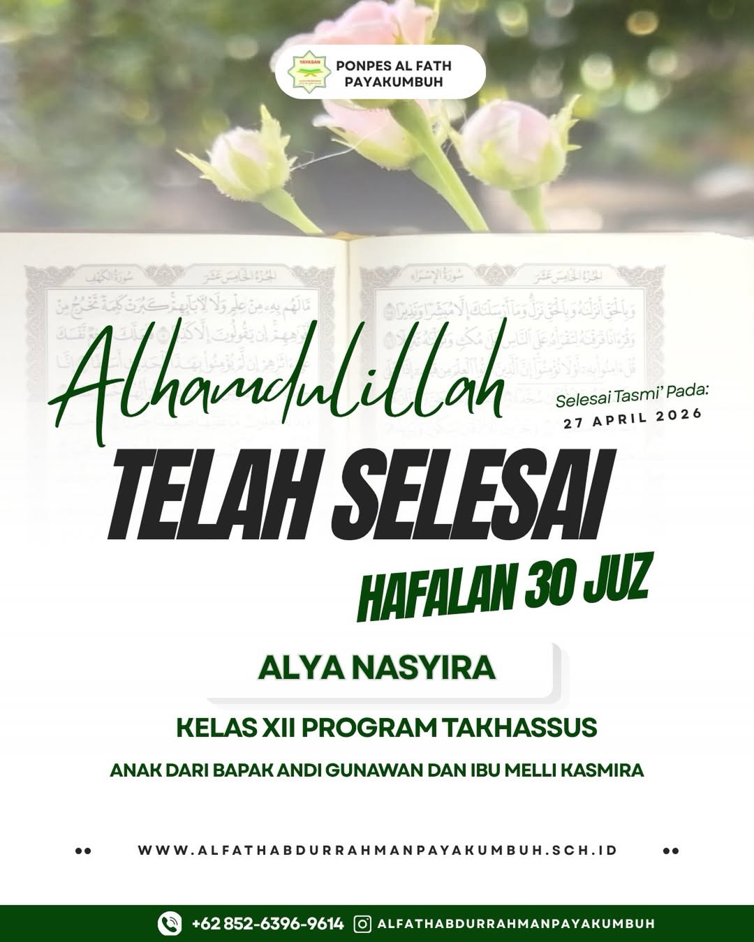 Alhamdulillah, Santri Ponpes Al Fath Payakumbuh Menyelesaikan Hafalan 30 Juz Al-Qur’an