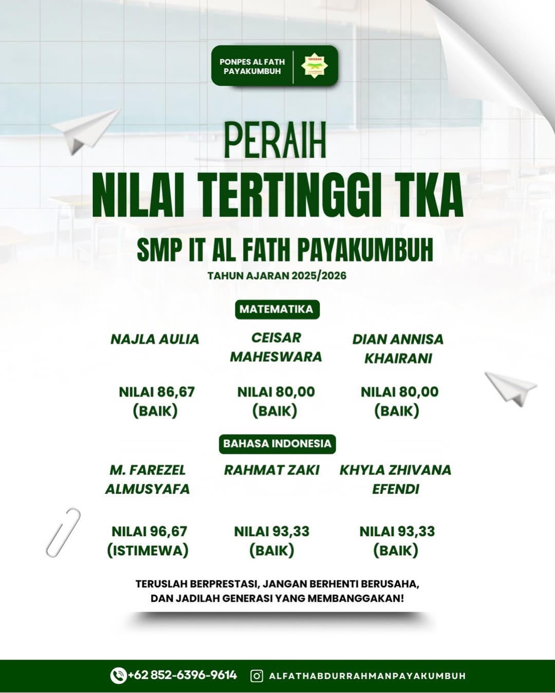 PERAIH NILAI TERTINGGI TKA   SMP IT AL FATH PAYAKUMBUH TAHUN AJARAN 2025/2026