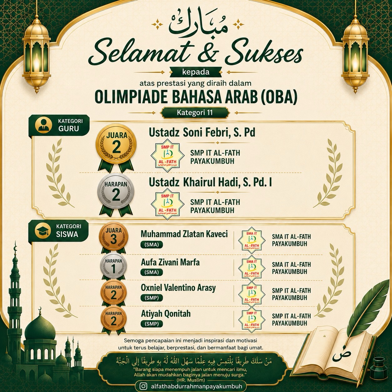 SISWA DAN GURU AL – FATH JUARA LOMBA OLIMPIADE BAHASA ARAB (OBA)